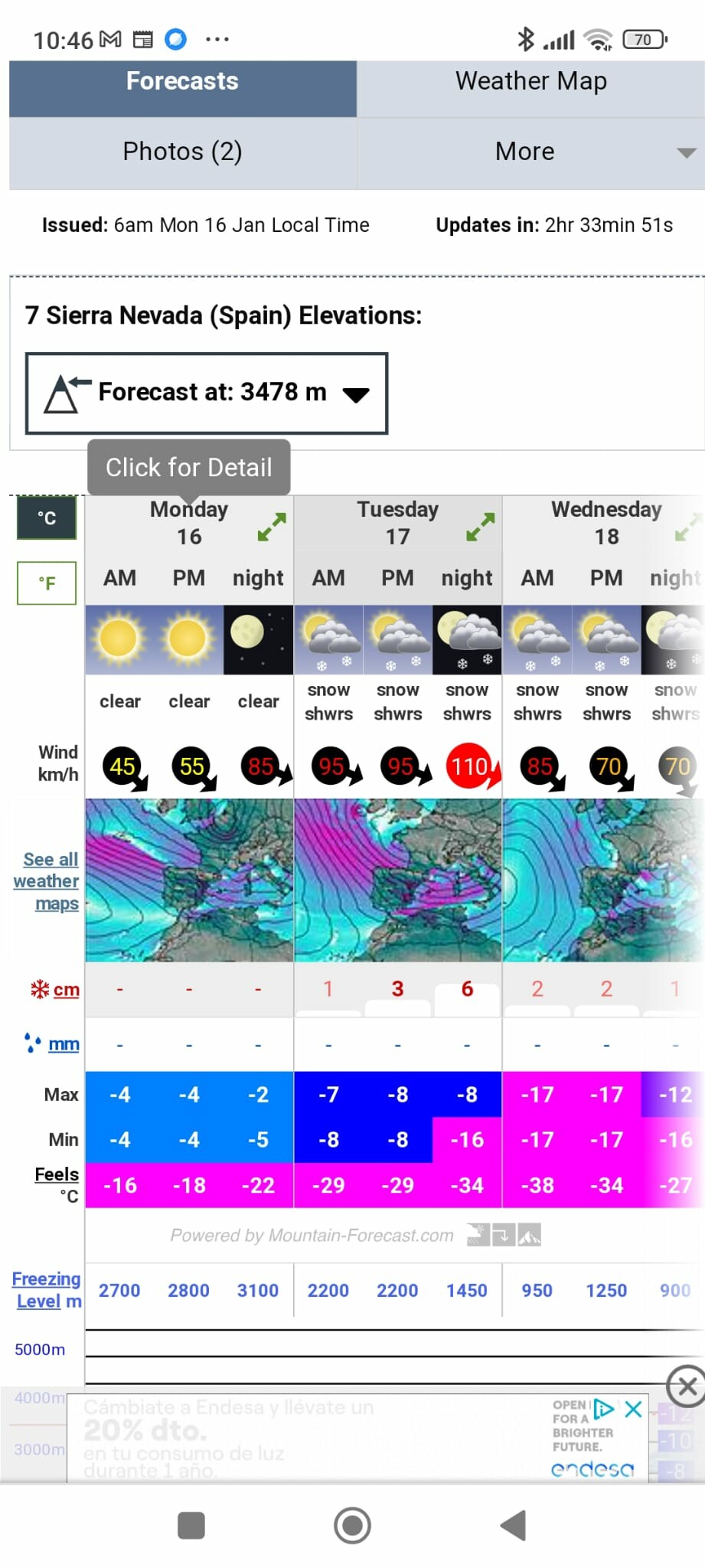 Weather forecast for Sierra Nevada Spain  mountains for next few days