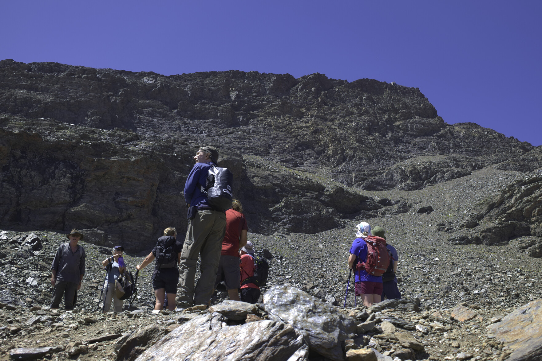 Hikers gathered below the summit slopes of Veleta