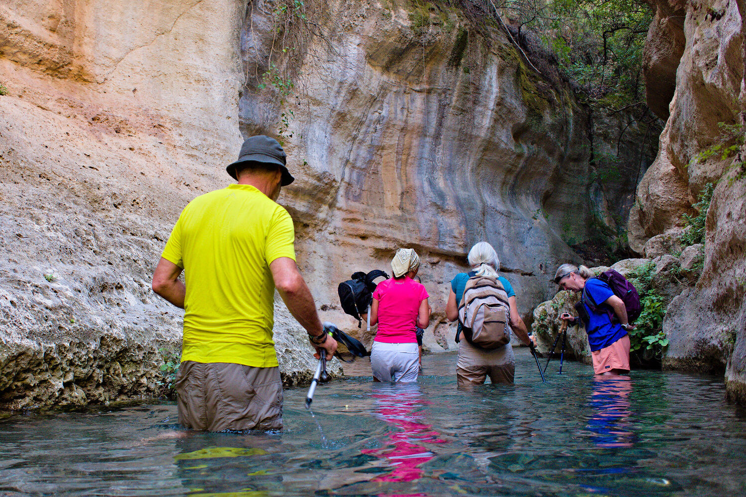 A group of people wade through a water filled gorge